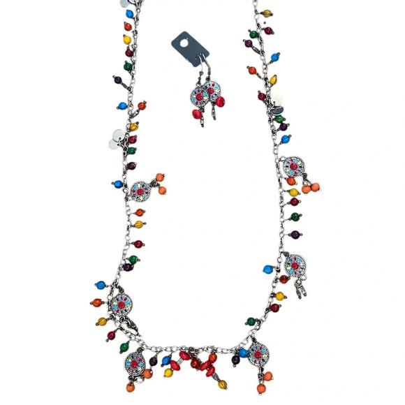 Womens Rainbow Beaded Dangle Necklace And Matching Earrings Boho Colorful - Picture 3 of 6